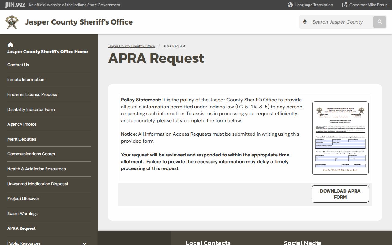 Jasper County warrant records written APRA request page